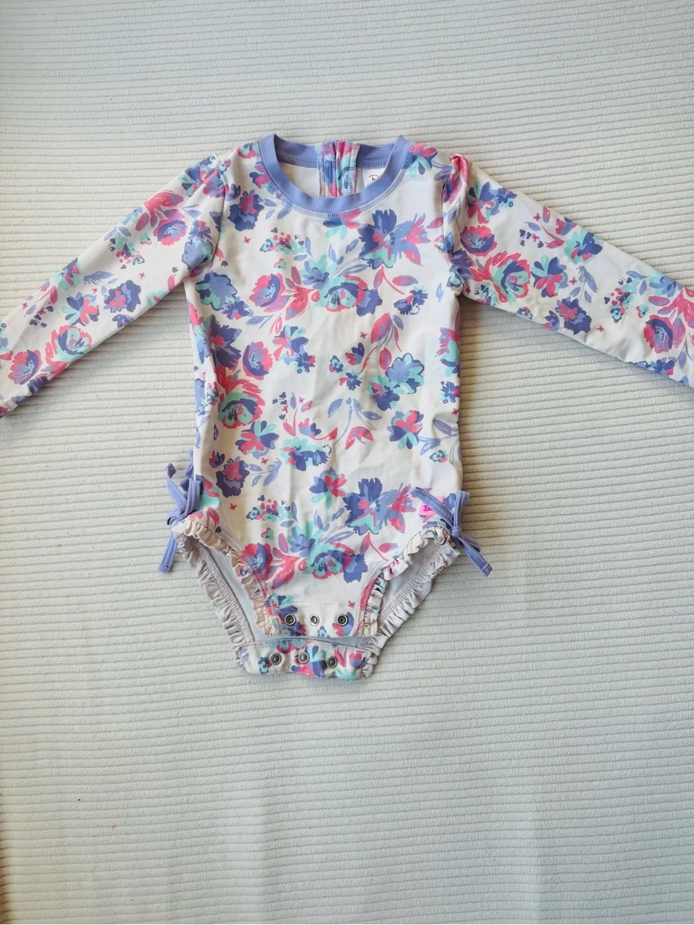 Ruffle Butts Lilac and Pastel Floral Long-Sleeve Kids Swim Rashguard 2T